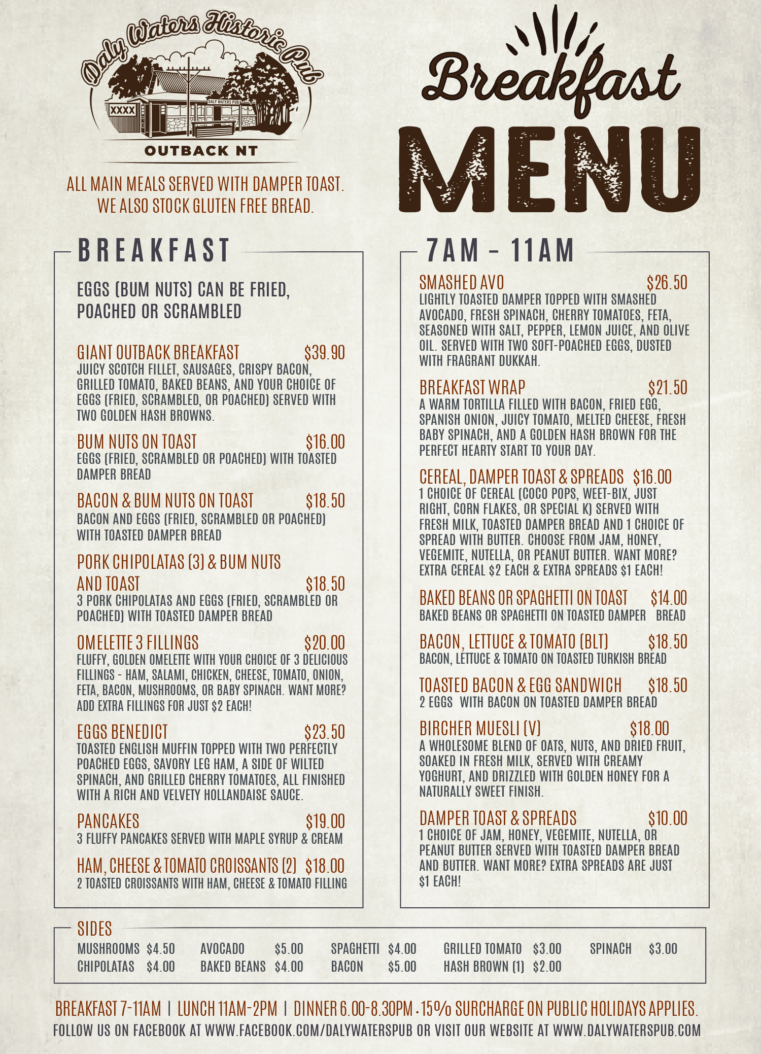Daly Waters Pub Breakfast Menu Dry Season
